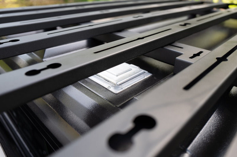RLD Design platform roof rack for stainless steel truck cap- detail view