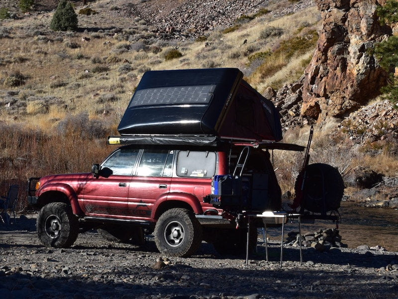 Solar Panel on Roof Top Tent angled for afternoon sun