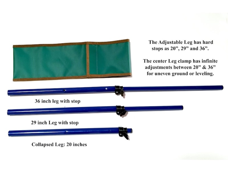 3 Tembo Tusk adjustable height legs and green carry pouch