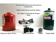 Tembo Tusk Skottle Kit included Scout Stove Burner and examples of butane and propane fuel botttles