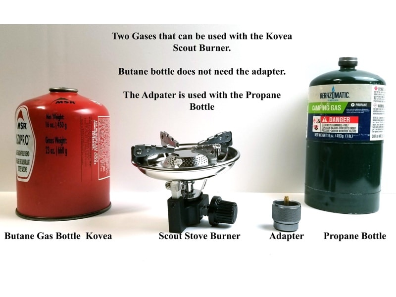Tembo Tusk Skottle Kit included Scout Stove Burner and examples of butane and propane fuel botttles