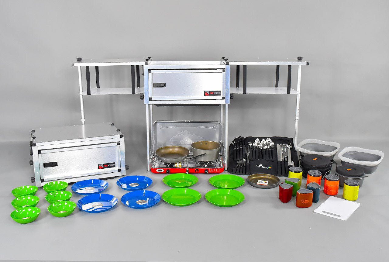 Trail Kitchen Compact Camp Kitchen shown set up with dishes side by side with compacted configuration for transport