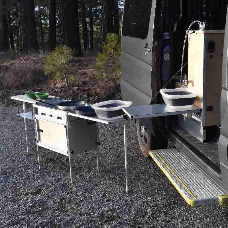 Trail Kitchens Van Kitchen portable kitchen set up outdoors for cooking outside the van