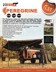Infographic flyer describing key features of 23ZERO Peregrine awnings