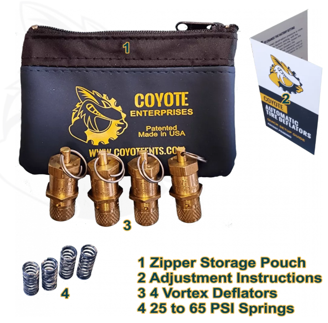 COYOTE ENTERPRISES Vortex V2 ADJUSTABLE AUTOMATIC TIRE DEFLATORS (SET OF TWO) – RANGE 8 to 65 PSI