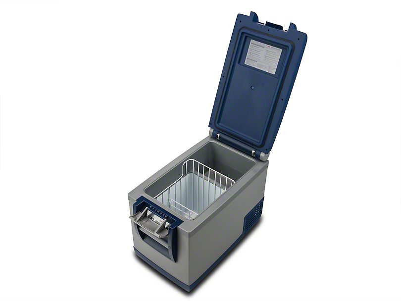 ARB Classic Fridge Freezer shown open with blue lid and grey body. Wire basket and internal dairy compartment can be seen inside