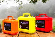 Three types of trauma kits for off road travelers in heavy duty case that can be mounted to vehicle exterior or roof rack