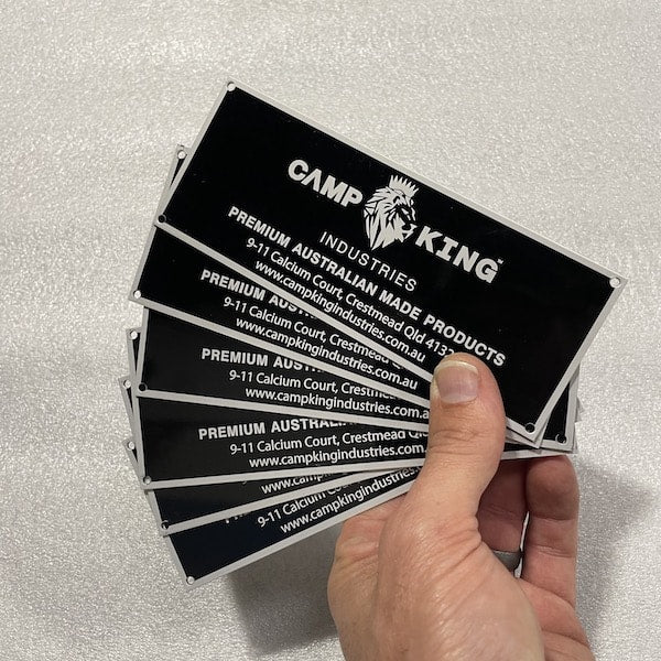 Camp King Industries Spare Name Badge that displays manufacturer's name, address and website