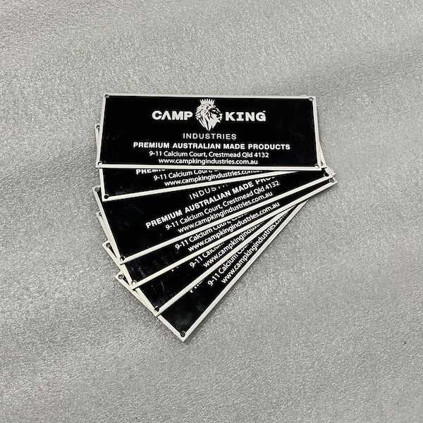 Camp King Industries Spare Name Badge that displays manufacturer's name, address and website