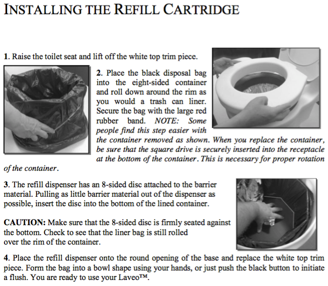 Written instructions describing how to install refill cartridges in Dry Flush Laveo portable camping toilet system.