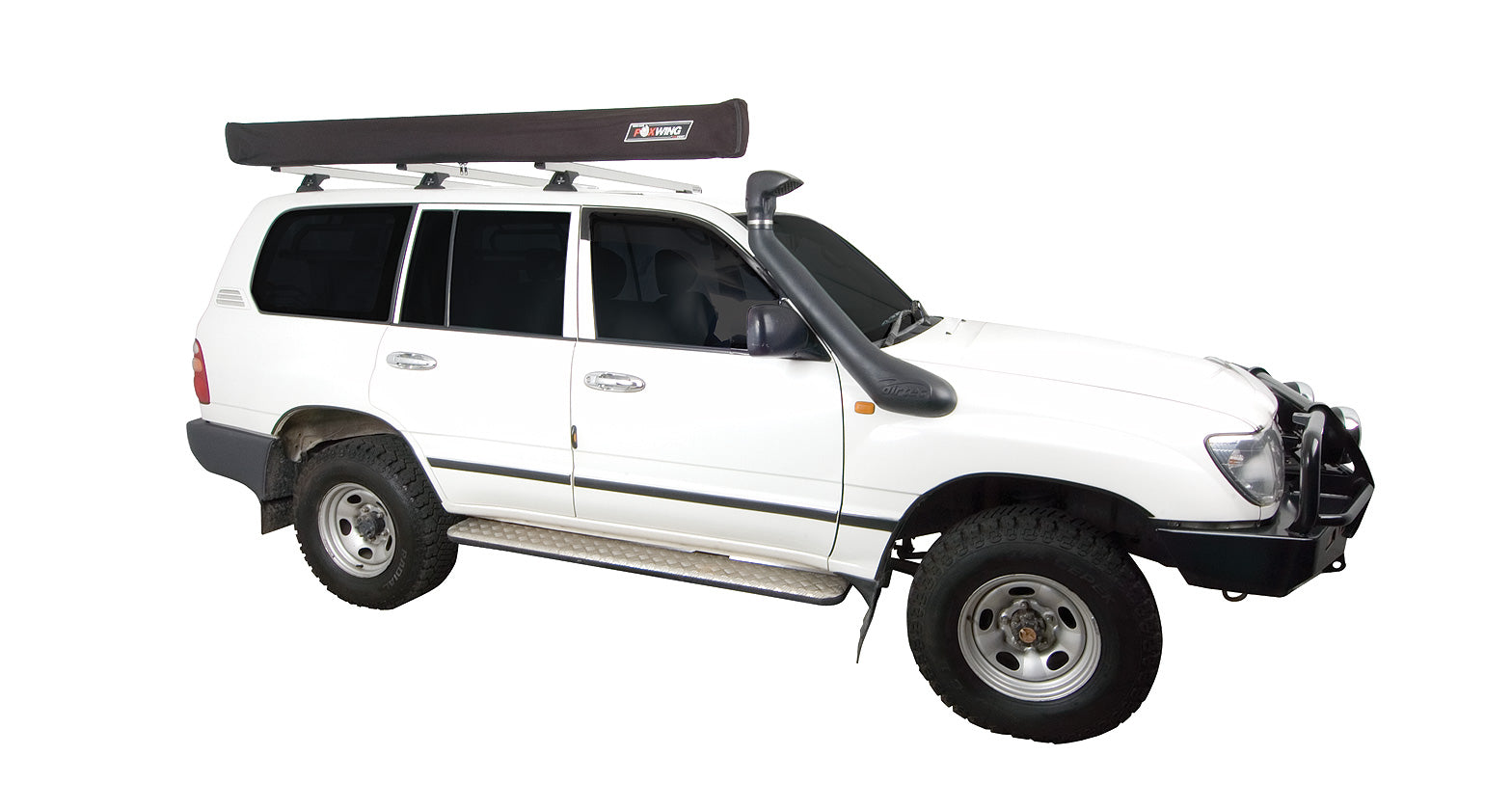 Foxwing awning mounted to right side of vehicle shown folded up for transport mounted to roof rack