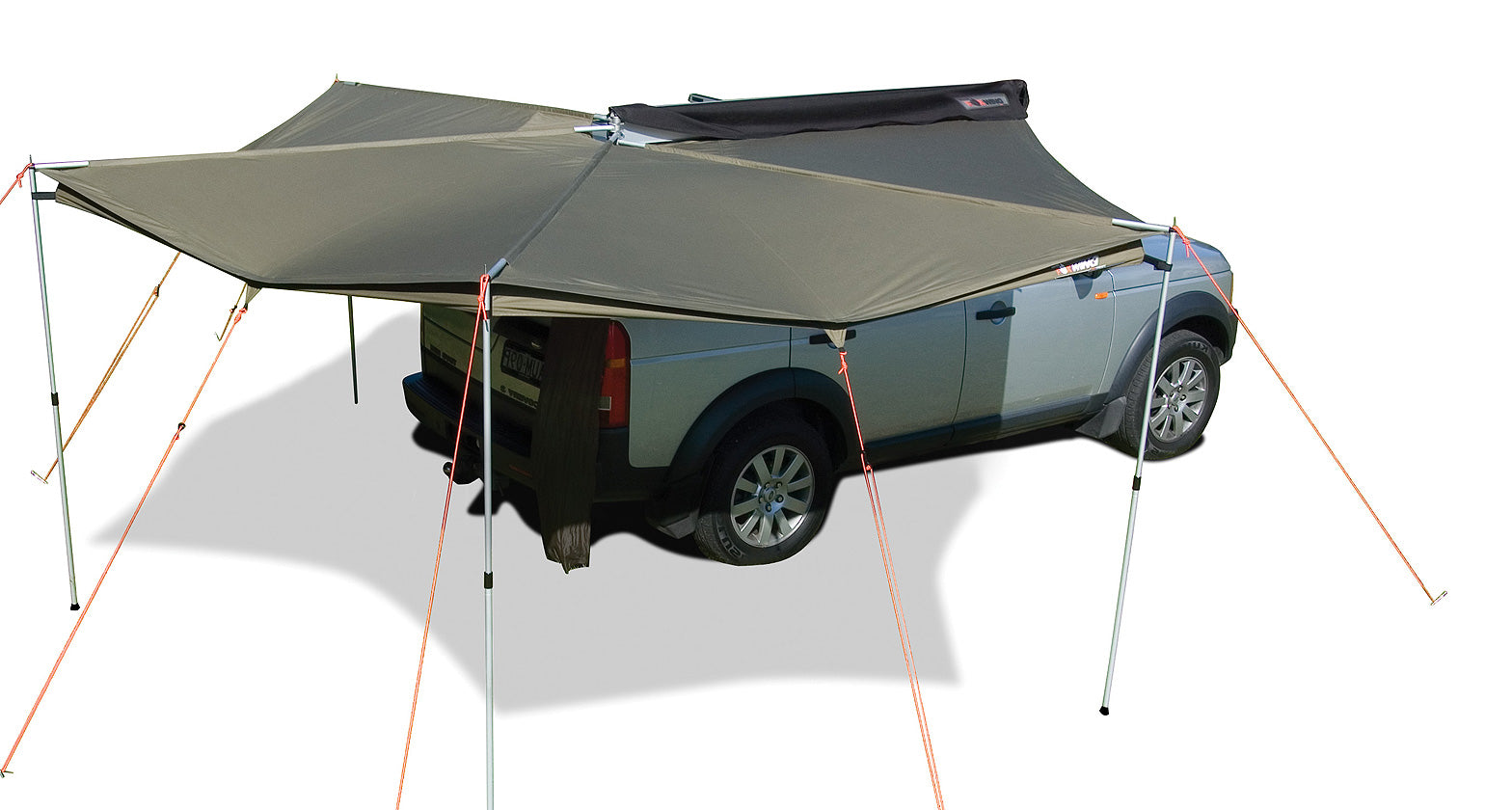 Foxwing awning shown with legs and guy ropes included