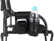 Front Runner Expander Chair all black camping chair detail of mesh water bottle cup holder and cell phone side pocket