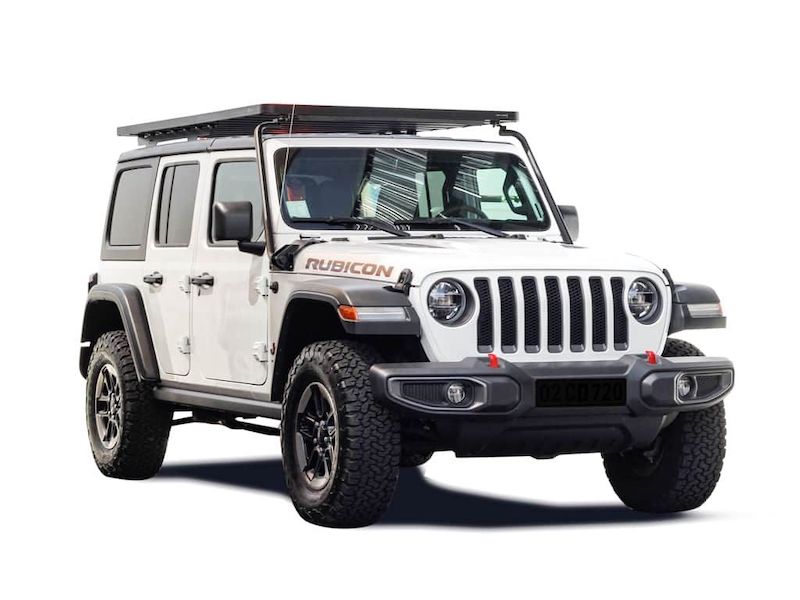 Front Runner SlimLine II Full Size Extreme Roof Rack Kit on Jeep JLU front view