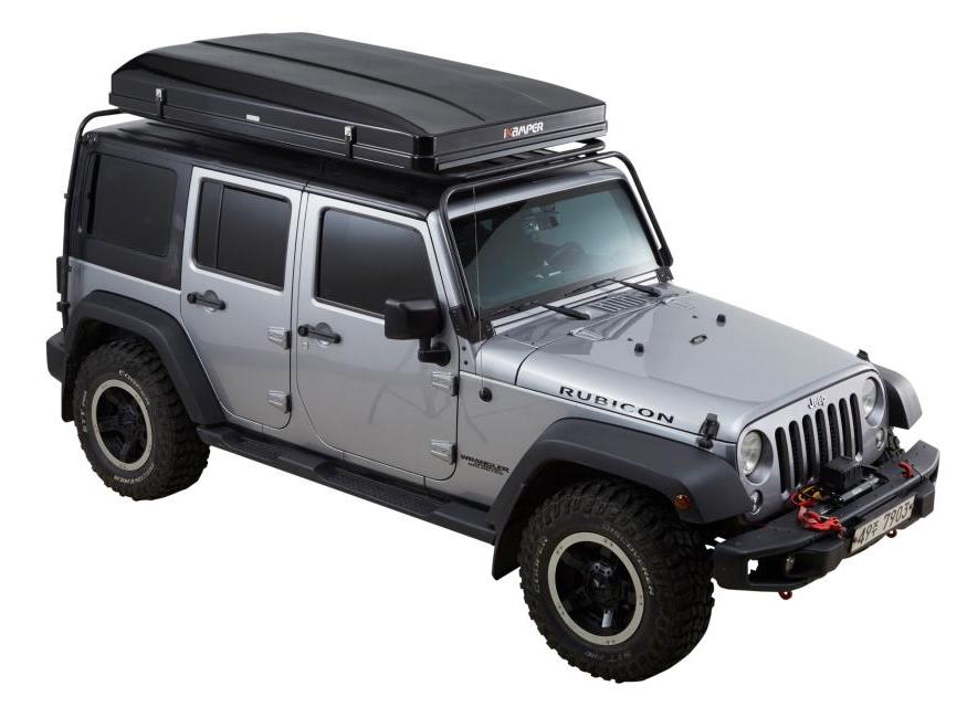 ikamper skycamp 2.0 roof top tent on jeep rubicon closed rtt three quarter view