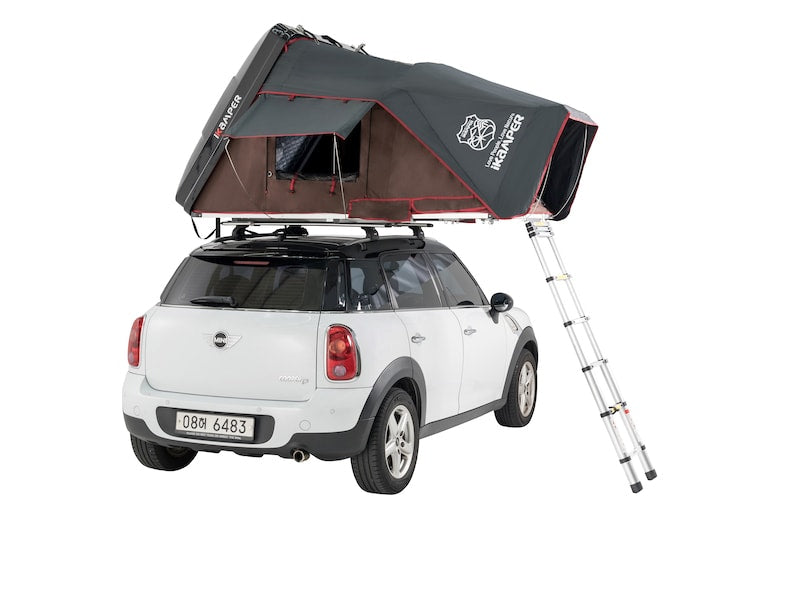 iKamper Skycamp Mini Roof Top Tent shown open on white Mini Cooper- rear view
