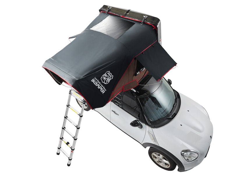 iKamper Skycamp Mini Roof Top Tent shown open on white Mini Cooper- arial view