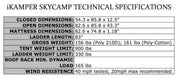iKamper Skycamp Roof Top Tent chart of technical specifications including dimensions, weight specifications, and wind resistance.