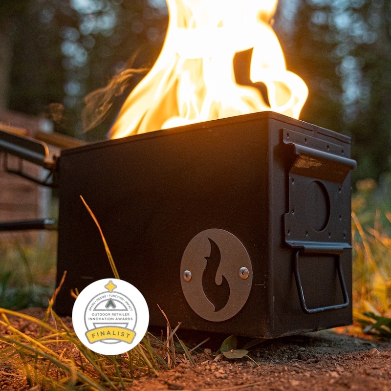 Lavabox vol-can-no portable fire pit with fire burning contained in ammo can