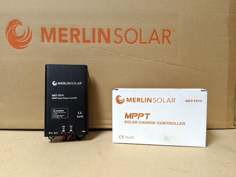 Merlin Solar MPPT Solar Charge Controller MST-TS15 shown with boxes displaying Merlin Solar logo