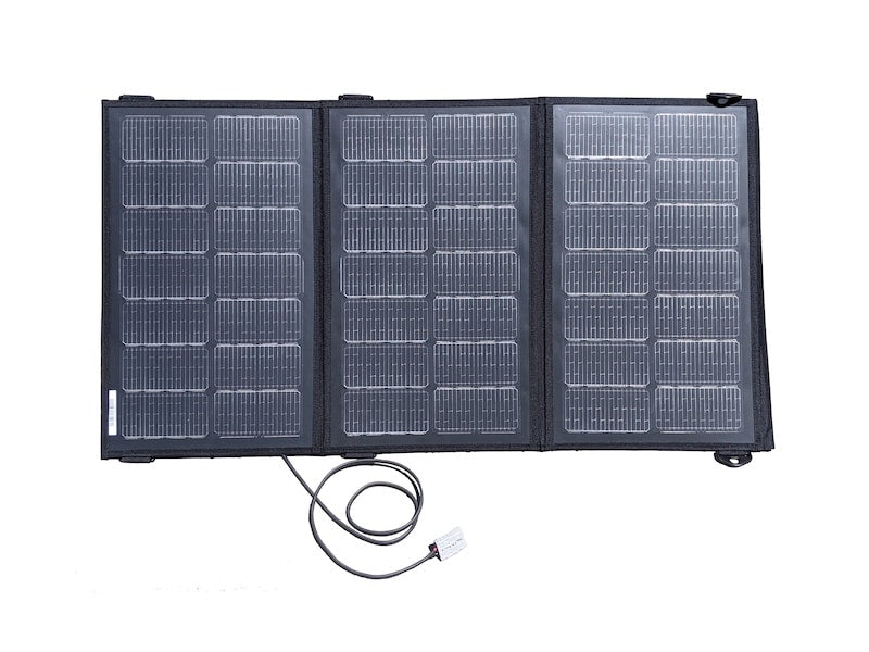Merlin Solar BXD95 trifold portable solar panel shown open with cord and Anderson connector