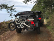 Overland vehicle and trailer with Ubco 2x2 bike rack installed on trailer hitch