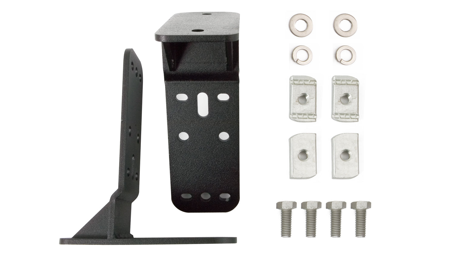 Brackets, nuts, washers, and bolts included in Rhino Rack Batwing Awning Bracket Kit for Tracklander Roof Tray