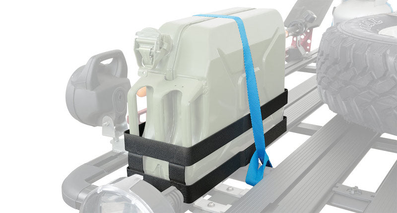 Rhino Rack Jerry Can Holder shown with horizontally mounted jerrycan anchored to roof rack