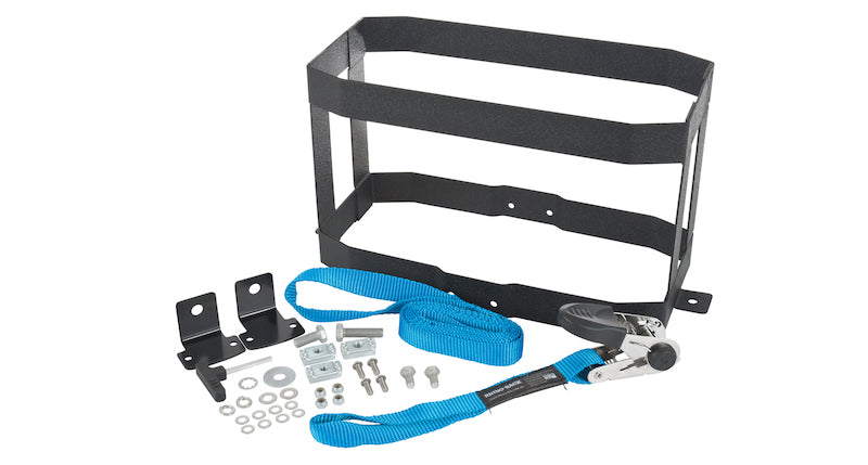 Rhino Rack Vertical Jerry Can Holder kit components including metal holder, ratchet strap, and required mounting hardware
