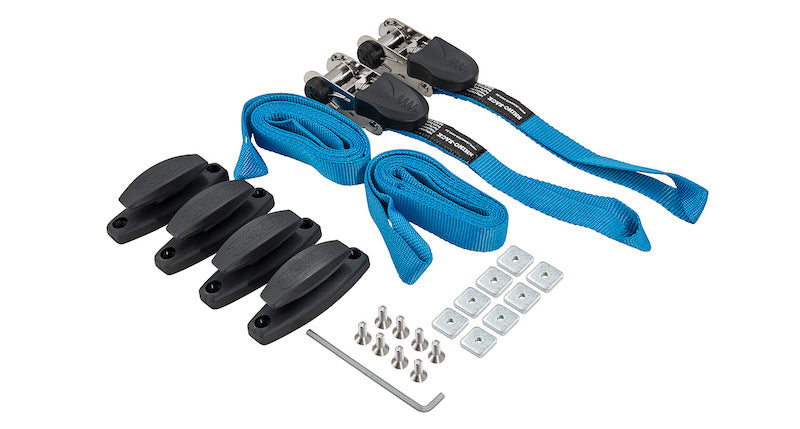 Rhino Rack Pioneer Pickup Kit components including 4 mounting blocks, 2 ratchet straps, and all the required hardware for installation