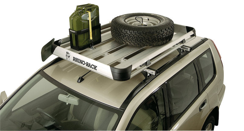 Rhino Rack Spare Wheel Holder shown with wheel and jerry can mounted on platform roof rack