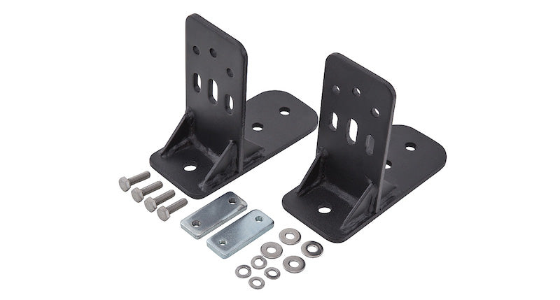 Awning brackets, nuts, bolts and washers included in the Rhino Rack Batwing Awning Bracket Kit for Pioneer Platform and Pioneer Tray Rack System.