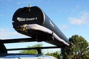 Road Shower 4 logo on back of black powder coated aluminum tubular shaped portable shower reservoir