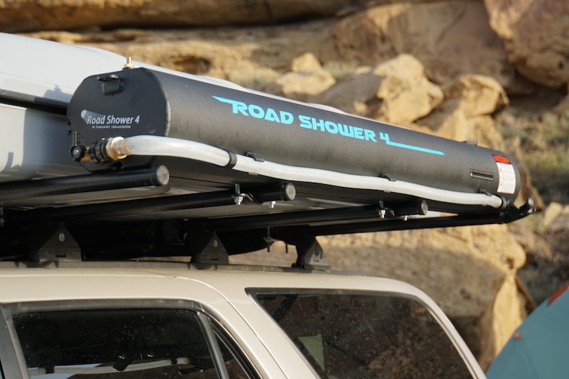 Road shower 4 showing back end of portable shower with hose packed for driving