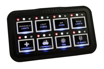 sPOD HD push button switch panel shown with buttons labelled and status indicator lights on