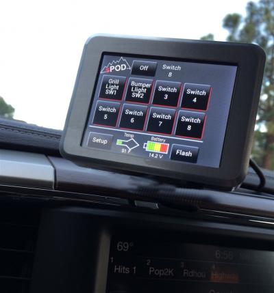 sPOD bantam 8 circuit system with touchscreen display control module mounted on vehicle dashboard
