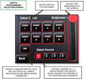 Annotated features of sPOD Bantam Power Distribution System Touchscreen Master Switch Creation and Source Selection Menu