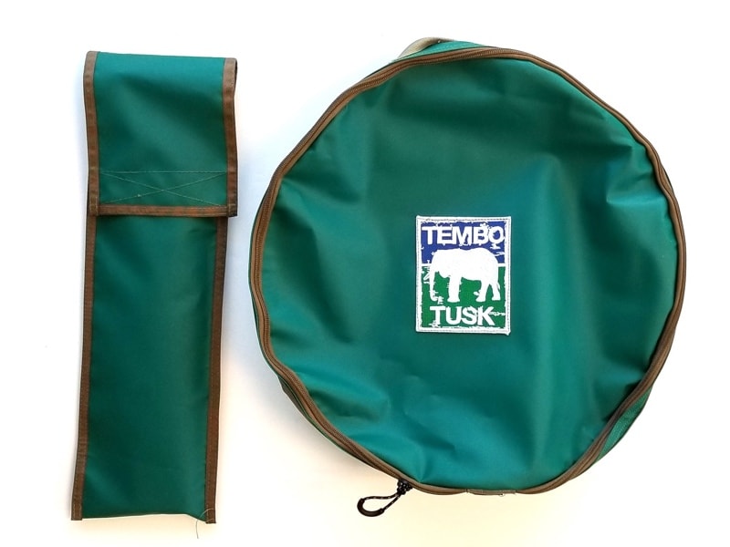Green vinyl carrying bags for Tembo Tusk Skottle Grill and tripod legs