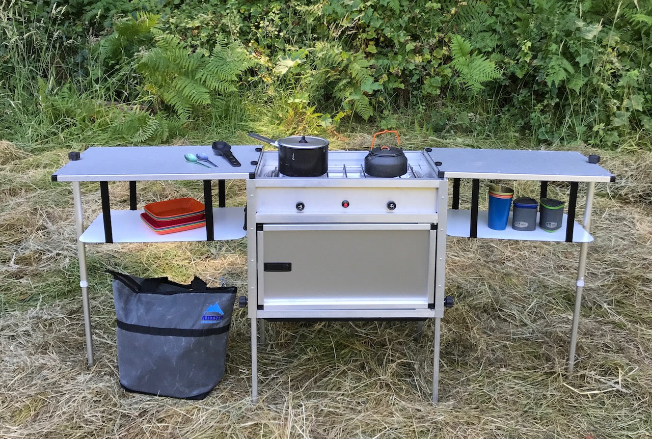 brushed stainless steel Trail Kitchens Camp Kitchen with Integrated Stove set up outdoors