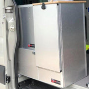 Trail Kitchens Van Kitchen brushed aluminum skin finishing on kitchen unit shown in van with flip down table stowed