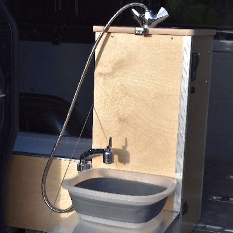 Trail Kitchens Van Kitchen 6 ft extendable stainless sink shower hose mounted on flip down table outside van