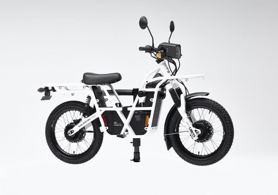 ubco 2x2 electric adventure bike shown mounted on the towball bike rack. No vehicle is shown in the image, just the bike and the bike rack demonstrating where the frame of the 2x2 bike would rest on the arms of the bike rack