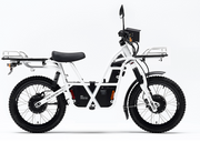 Side profile view of 2018 Ubco 2x2 electric adventure bike with accessory front and rear cargo decks installed