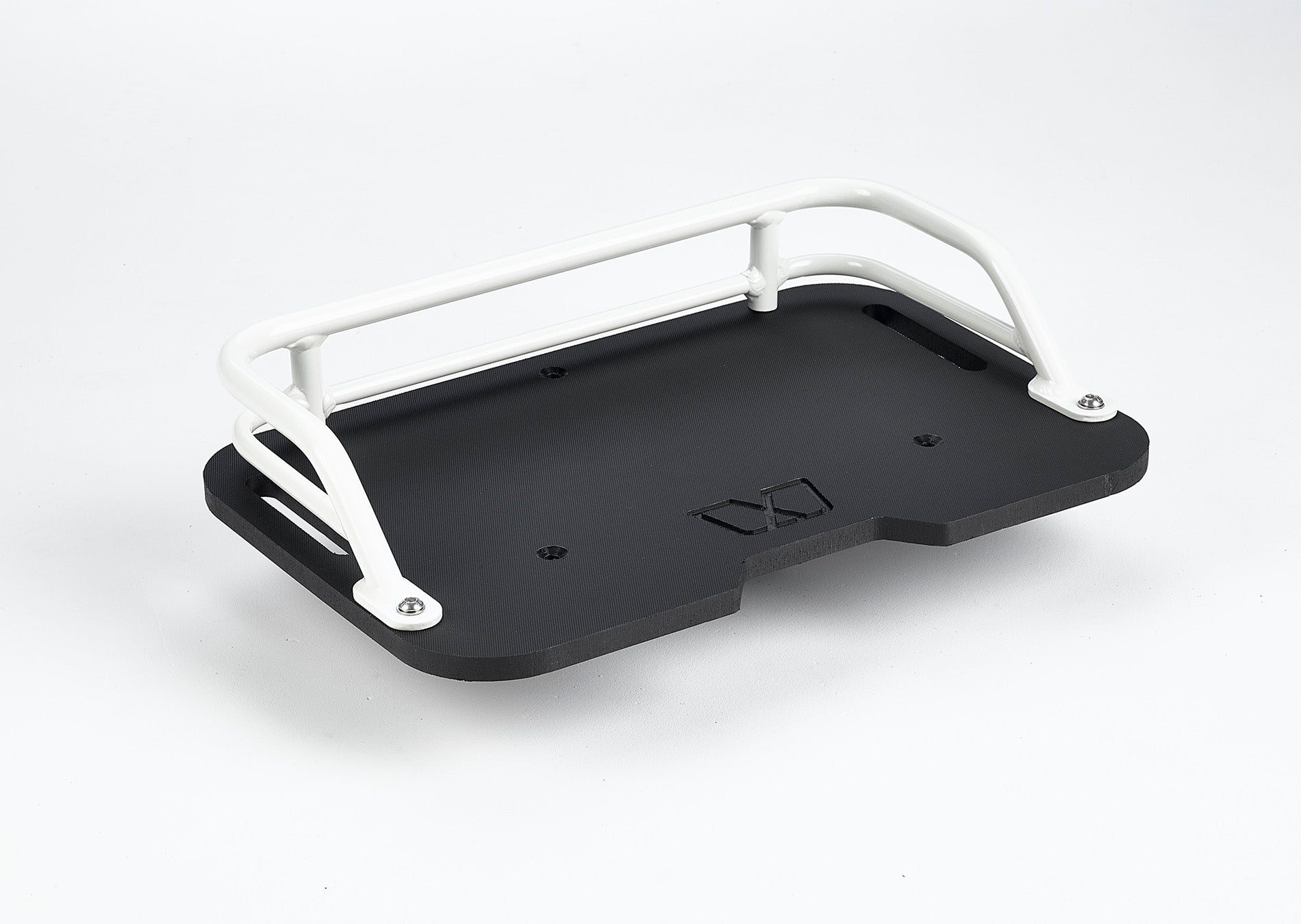 Front cargo deck for Ubco 2x2 has dual white aluminum rails that match Ubco 2x2 bike and a solid black durable HDPE deck with subtle embossed Ubco logo