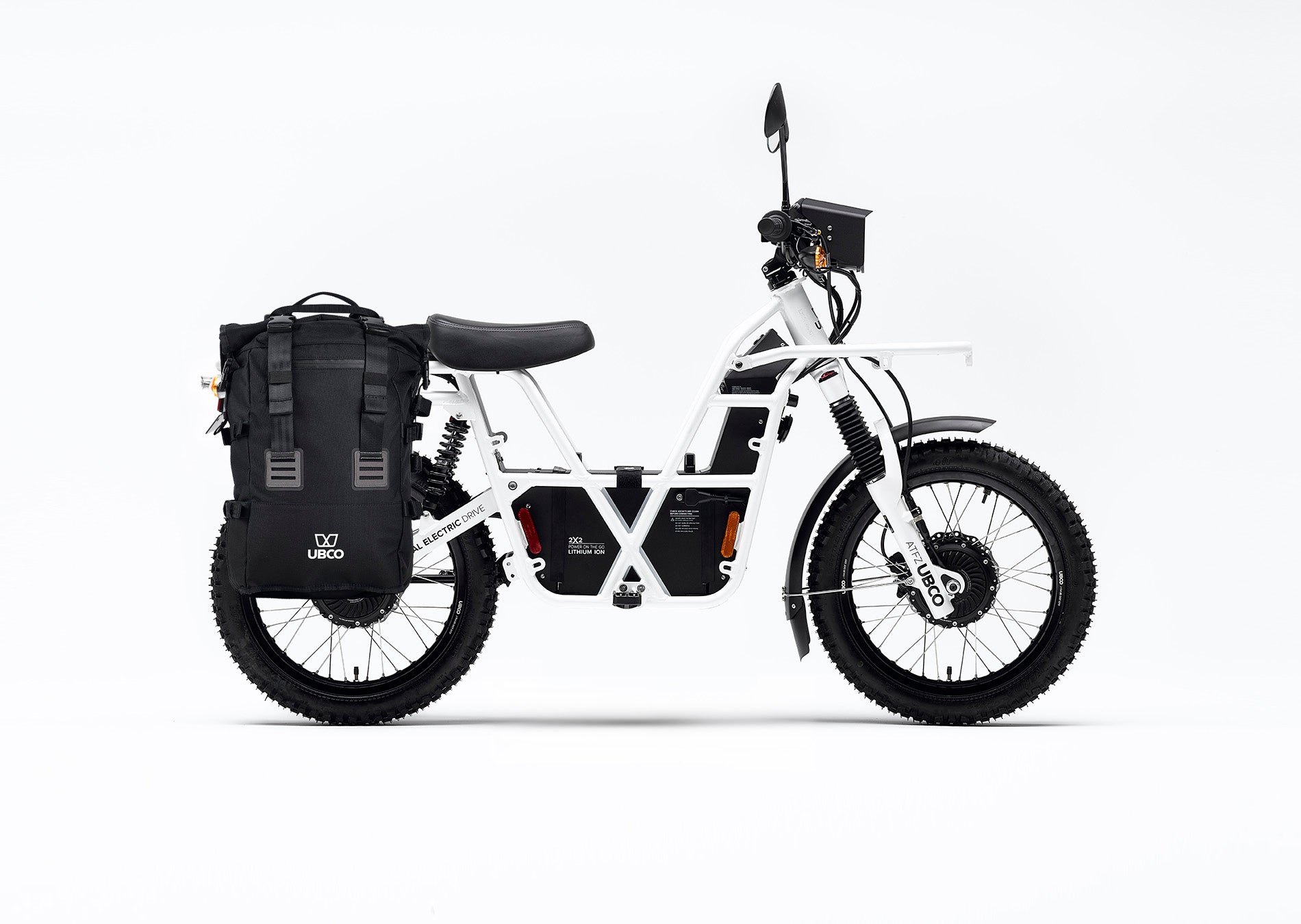 Side view of Ubco 2x2 2018 electric adventure bike with pannier bags mounted on either side of rear wheel