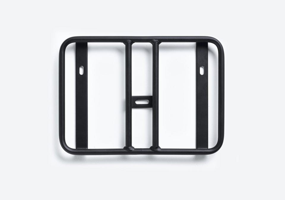 Ubco 2x2 pannier rack are black aluminum alloy and mount in three places to the ubco 2x2 electric bike